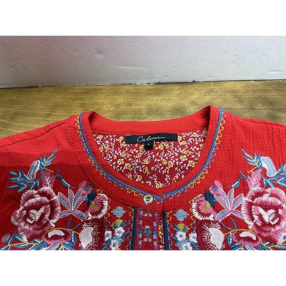 Calessa Womens Sz L Red Floral Embroidery Button Blouse Roll Sleeves Boho Top - Picture 4 of 13